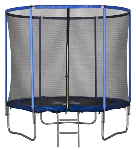 HOMCOM Dětský a Dospělácký Trampolína do Zahrady s Elastickou Podložkou a Ochrannou Sítí, Žebřík a Polstrované Okraje, Ø244x240cm, Modrá a Černá | Aos