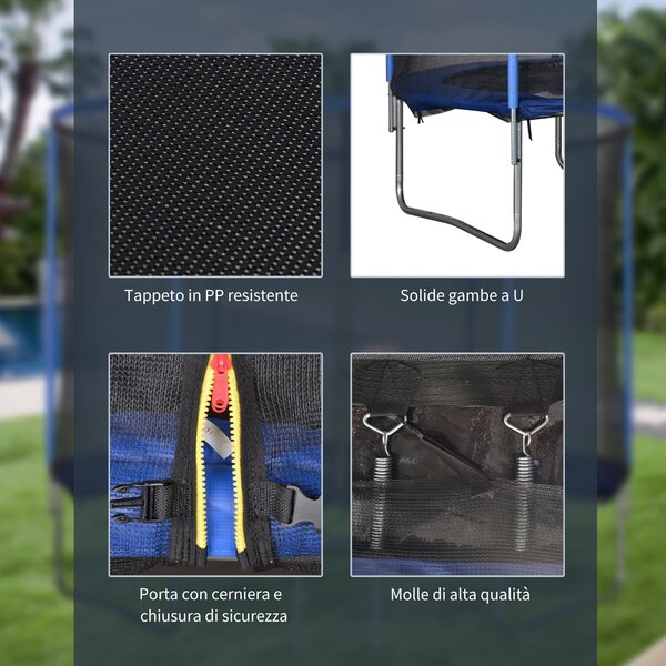 HOMCOM Dětský a Dospělácký Trampolína do Zahrady s Elastickou Podložkou a Ochrannou Sítí, Žebřík a Polstrované Okraje, Ø244x240cm, Modrá a Černá | Aos