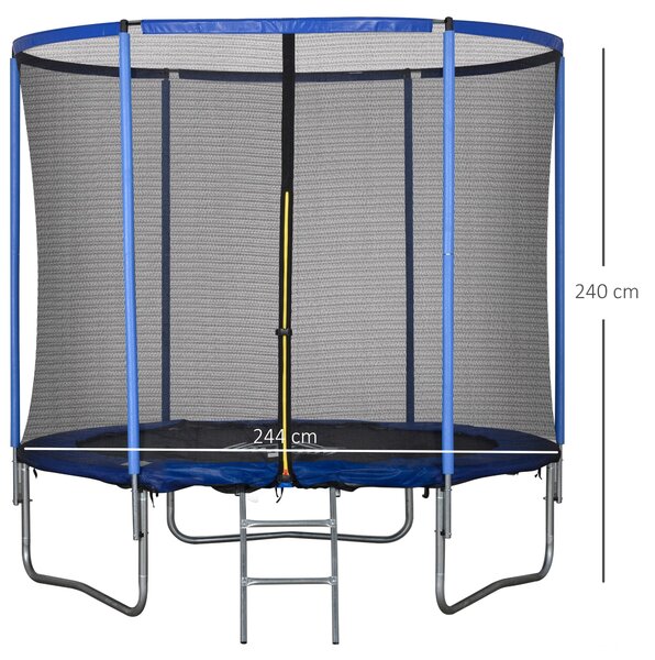 HOMCOM Dětský a Dospělácký Trampolína do Zahrady s Elastickou Podložkou a Ochrannou Sítí, Žebřík a Polstrované Okraje, Ø244x240cm, Modrá a Černá | Aos