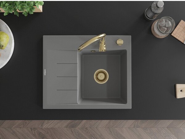 Mexen Ben, 1-komorový granitový dřez 600x500x190 mm, pravý + zlatý sifon, šedá, 6523605000-71-G