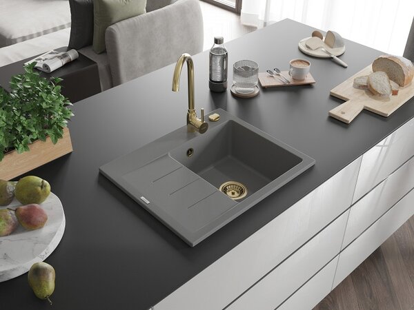 Mexen Ben, 1-komorový granitový dřez 600x500x190 mm, pravý + zlatý sifon, šedá, 6523605000-71-G