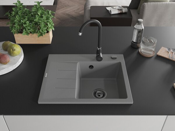 Mexen Ben, 1-komorový granitový dřez 600x500x190 mm, pravý + černý sifon, šedá, 6523605000-71-B