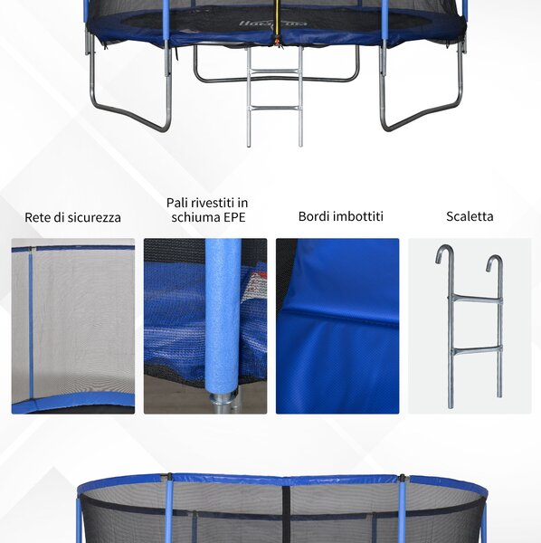 HOMCOM Dětský a Dospělácký Trampolína do Zahrady s Elastickou Podložkou a Ochrannou Sítí, Žebřík a Polstrované Okraje, Ø244x240cm, Modrá a Černá | Aos