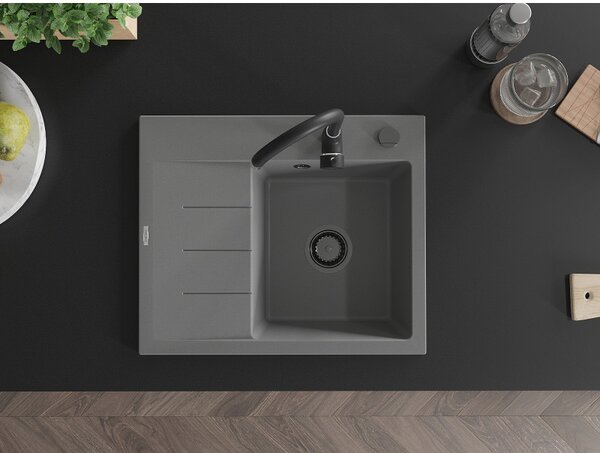 Mexen Ben, 1-komorový granitový dřez 600x500x190 mm, pravý + černý sifon, šedá, 6523605000-71-B