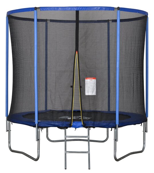 HOMCOM Dětský a Dospělácký Trampolína do Zahrady s Elastickou Podložkou a Ochrannou Sítí, Žebřík a Polstrované Okraje, Ø244x240cm, Modrá a Černá | Aos