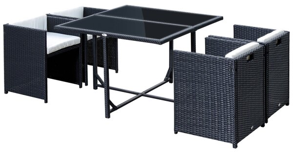 Outsunny 5dílná Sada Zahradního Nábytku – Jídelní Stůl se 4 Židlemi a Kombinovanými Polstry, Obdélníková, Černá, 109x109x72 cm | Aosom