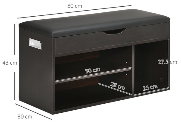 HOMCOM Zateplený botník do předsíně, skříňka s regálem na boty, se 3 přihrádkami, potah z PU kůže, 80x30x43 cm, Černá | Aosom