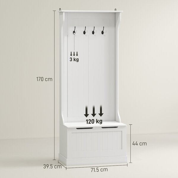 HOMCOM Moderní 3-in-1 volně stojící stojan na kabáty s 4 háčky, úložná lavice a ramínko na kabáty, úsporný vstup, chodba, nábytek do ložnice z dřeva