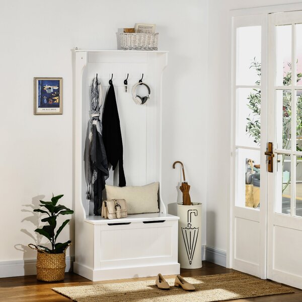 HOMCOM Moderní 3-in-1 volně stojící stojan na kabáty s 4 háčky, úložná lavice a ramínko na kabáty, úsporný vstup, chodba, nábytek do ložnice z dřeva