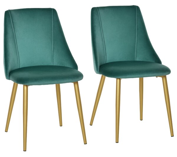 HOMCOM Sada 2 moderních čalouněných jídelních židlí s opěradlem, železné nohy pro kuchyň, obývací pokoj nebo lounge v moderním stylu, Zelená, 50x56,5x