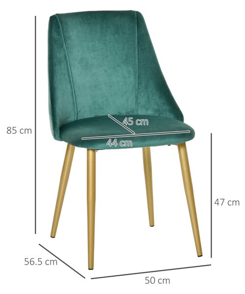 HOMCOM Sada 2 moderních čalouněných jídelních židlí s opěradlem, železné nohy pro kuchyň, obývací pokoj nebo lounge v moderním stylu, Zelená, 50x56,5x