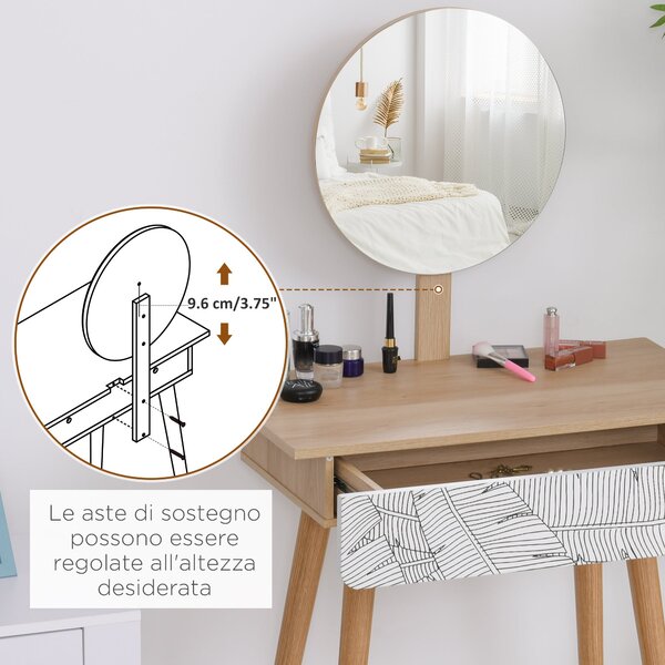 HOMCOM Toaletní stolek s kulatým zrcadlem Ф39cm, Toaletní stolek se zásuvkou s dekorací džungle, Bílý a dubový, 70x39x119-128cm | Aosom