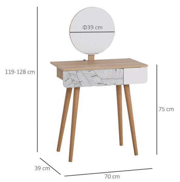 HOMCOM Toaletní stolek s kulatým zrcadlem Ф39cm, Toaletní stolek se zásuvkou s dekorací džungle, Bílý a dubový, 70x39x119-128cm | Aosom