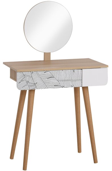 HOMCOM Toaletní stolek s kulatým zrcadlem Ф39cm, Toaletní stolek se zásuvkou s dekorací džungle, Bílý a dubový, 70x39x119-128cm | Aosom