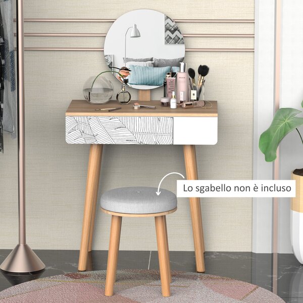 HOMCOM Toaletní stolek s kulatým zrcadlem Ф39cm, Toaletní stolek se zásuvkou s dekorací džungle, Bílý a dubový, 70x39x119-128cm | Aosom