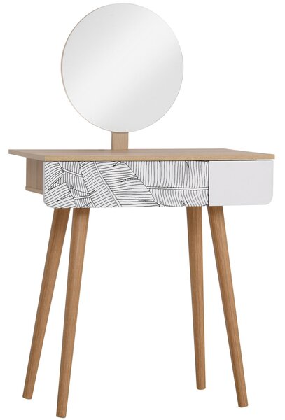 HOMCOM Toaletní stolek s kulatým zrcadlem Ф39cm, Toaletní stolek se zásuvkou s dekorací džungle, Bílý a dubový, 70x39x119-128cm | Aosom
