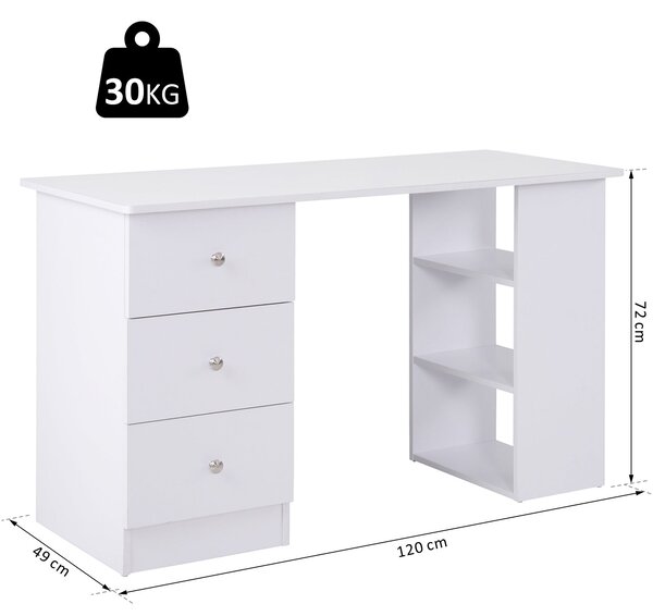 HOMCOM Multimediální Počítačový Stůl s Více Úložnými Prostory 3 Zásuvkami 2 Policemi 120L x 49W x 72H cm Bílý | Aosom