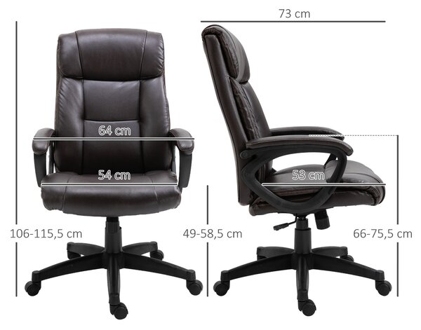 HOMCOM Ergonomická Nastavitelná Kancelářská Židle s Otočnými Kolečky 360° a Syntetickým PU Potahem 64 x 73 x 106-115,5 cm Čokoládová | Aosom