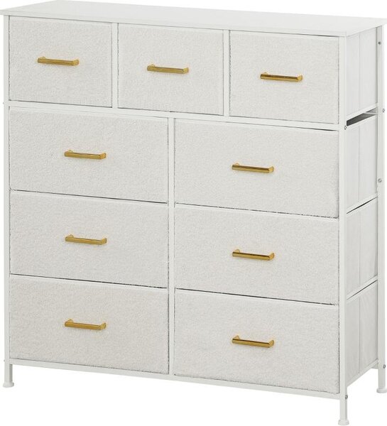 Fortuna Lai Komoda Sideboard s 9 látkovými zásuvkami, zásuvková skříň s pracovní deskou, úchytka, úložná skříň do obývacího pokoje, ložnice, krémově bílá