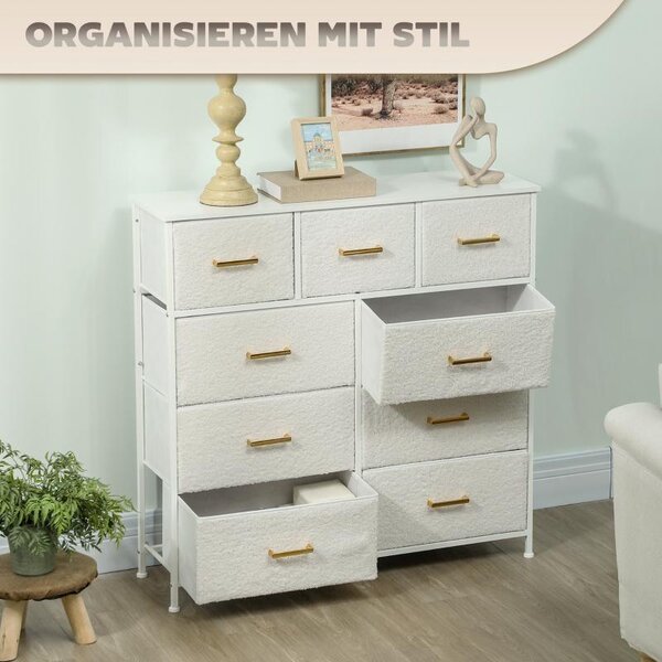 Fortuna Lai Komoda Sideboard s 9 látkovými zásuvkami, zásuvková skříň s pracovní deskou, úchytka, úložná skříň do obývacího pokoje, ložnice, krémově bílá