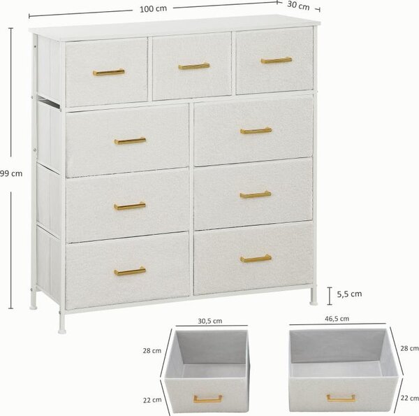 Fortuna Lai Komoda Sideboard s 9 látkovými zásuvkami, zásuvková skříň s pracovní deskou, úchytka, úložná skříň do obývacího pokoje, ložnice, krémově bílá