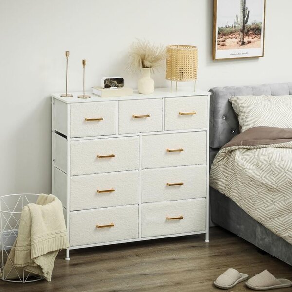 Fortuna Lai Komoda Sideboard s 9 látkovými zásuvkami, zásuvková skříň s pracovní deskou, úchytka, úložná skříň do obývacího pokoje, ložnice, krémově bílá