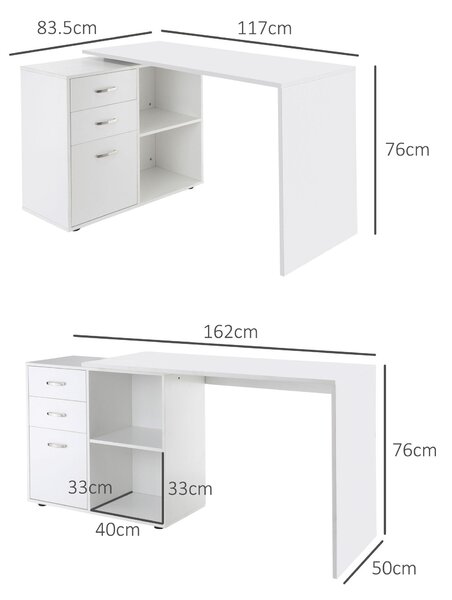 HOMCOM Bílý Moduární Rohový Rovný Stůl Jídelní Stůl 2 v 1 Počítačový Stůl 3 Šuplíky + 2 Polic MDF | Aosom