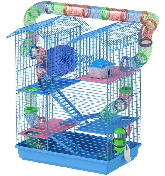 PawHut klec pro křečky a malé zvířata s více úrovněmi, 4 platformami, miskou na jídlo, láhví na vodu, běhacím kolečkem, schody, systém trubek 47x30x59