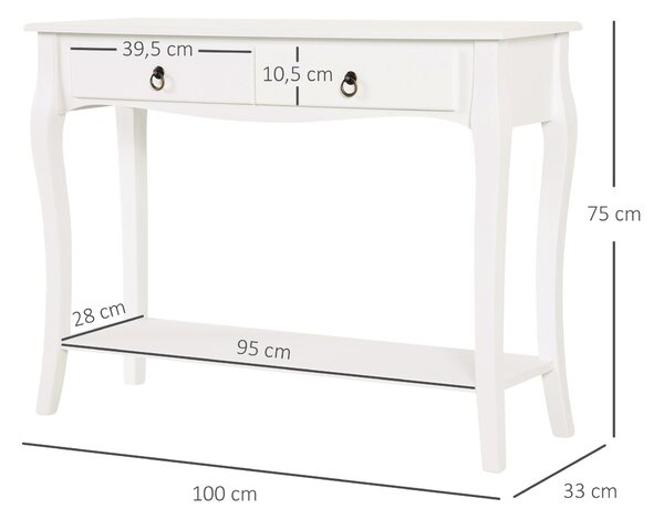 HOMCOM Konferenční Stolek s Úložným Prostorem do Obývacího Pokoj a Předsíně s Šuplíky a Policí Elegantní Design 100x33x75cm Bílý Lesklý Dřevěný | Aoso