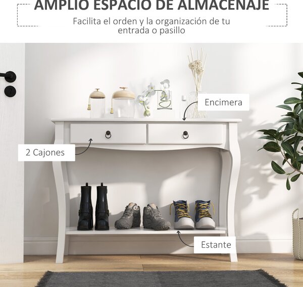 HOMCOM Konferenční Stolek s Úložným Prostorem do Obývacího Pokoj a Předsíně s Šuplíky a Policí Elegantní Design 100x33x75cm Bílý Lesklý Dřevěný | Aoso