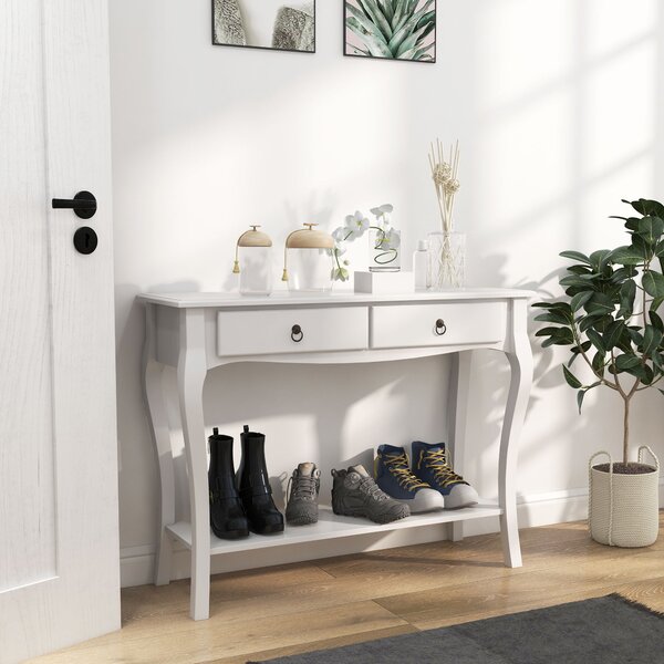 HOMCOM Konferenční Stolek s Úložným Prostorem do Obývacího Pokoj a Předsíně s Šuplíky a Policí Elegantní Design 100x33x75cm Bílý Lesklý Dřevěný | Aoso