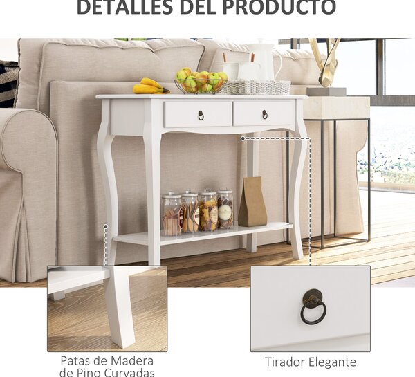HOMCOM Konferenční Stolek s Úložným Prostorem do Obývacího Pokoj a Předsíně s Šuplíky a Policí Elegantní Design 100x33x75cm Bílý Lesklý Dřevěný | Aoso