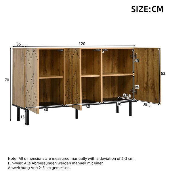 Moderní komoda s 3 dvířky, rozměry 120x35x70 cm, s dekorativním vzorem, vyrobená z dřevotřísky s černými kovovými nohami, vhodná do obývacího pokoje, jídelny a chodby