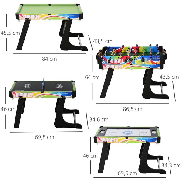 Skládací herní stůl HOMCOM 4v1 - Stolní fotbálek, Air Hockey, Pool, Ping Pong s příslušenstvím - 86,5x43,5x64 cm | Aosom