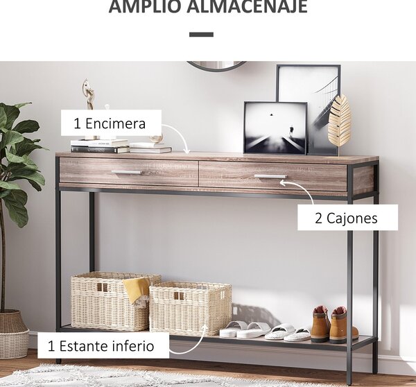 HOMCOM Konferenční stolek v industriálním stylu s šuplíky a ocelovou konstrukcí pro vstupní halu 120x30x81,5 cm Dub | Aosom