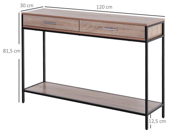 HOMCOM Konferenční stolek v industriálním stylu s šuplíky a ocelovou konstrukcí pro vstupní halu 120x30x81,5 cm Dub | Aosom