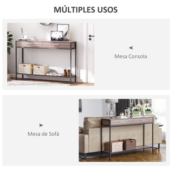 HOMCOM Konferenční stolek v industriálním stylu s šuplíky a ocelovou konstrukcí pro vstupní halu 120x30x81,5 cm Dub | Aosom