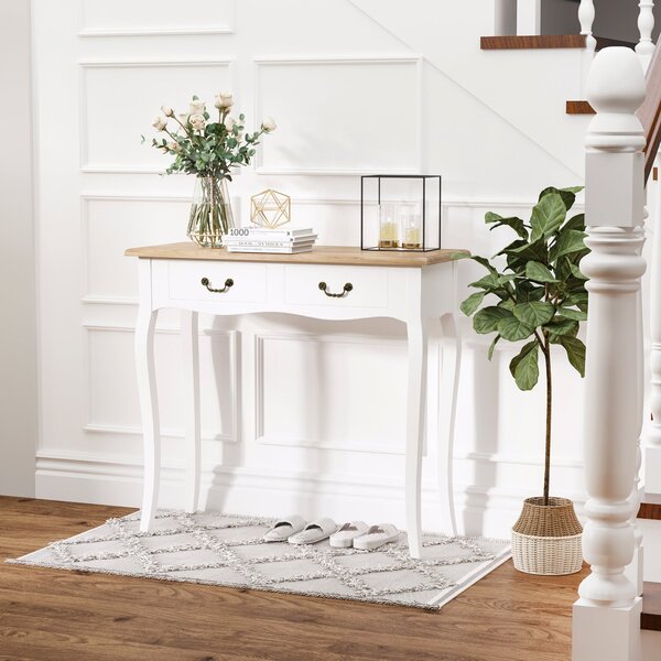HOMCOM Konzolový stolek s 2 zásuvkami Retro design pro předsíň, chodbu, obývací pokoj a ložnici, borovice 87x34x78,5 cm Bílý | Aosom