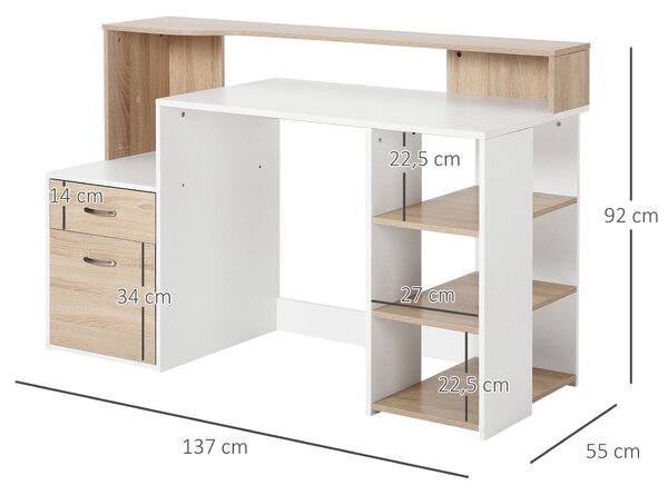 HOMCOM Počítačový stůl 137x55x92 cm s 3 policemi, 2 zásuvkami a stojanem na tiskárnu pro domácí kancelář | Aosom