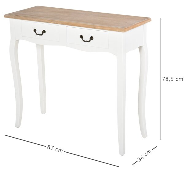 HOMCOM Konzolový stolek s 2 zásuvkami Retro design pro předsíň, chodbu, obývací pokoj a ložnici, borovice 87x34x78,5 cm Bílý | Aosom