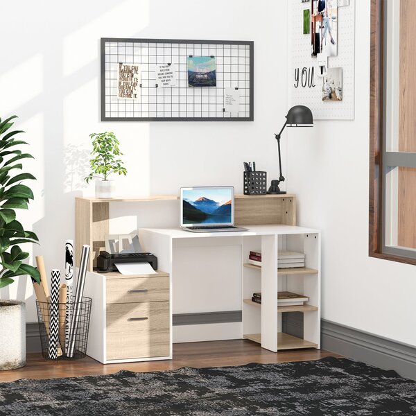 HOMCOM Počítačový stůl 137x55x92 cm s 3 policemi, 2 zásuvkami a stojanem na tiskárnu pro domácí kancelář | Aosom