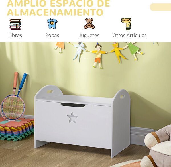 HOMCOM Dětský úložný box na hračky s flipovým víkem a bezpečnostním mechanismem 62x40x46,5 cm Prostorný prostor nosnost 20 kg Bílá | Aosom