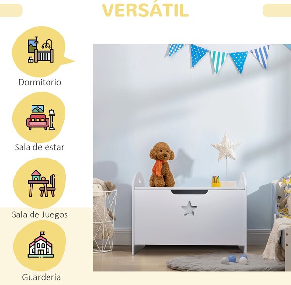 HOMCOM Dětský úložný box na hračky s flipovým víkem a bezpečnostním mechanismem 62x40x46,5 cm Prostorný prostor nosnost 20 kg Bílá | Aosom