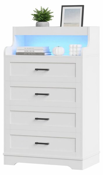 Komoda REMZETTA, bílá, se 4 zásuvkami a otevřenou policí, zásuvková skříň s RGB LED osvětlením, ovládání přes aplikaci, vhodná do ložnice, dětského pokoje a chodby