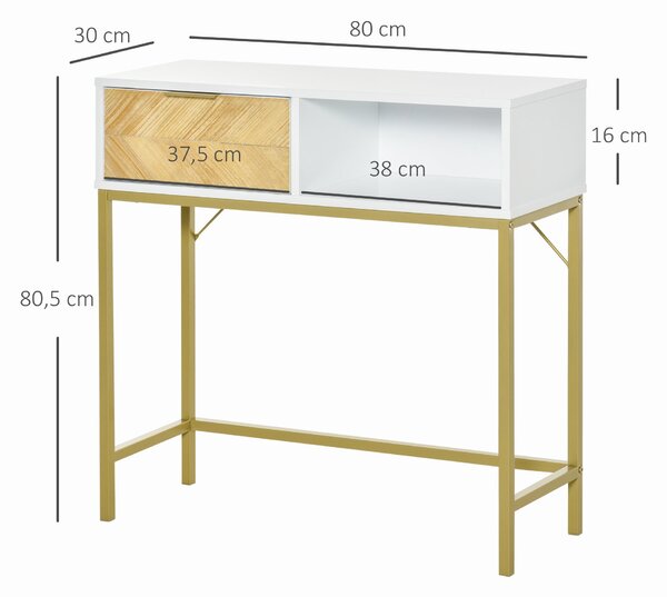 HOMCOM Moderní konzolový stůl do předsíně se zásuvkou a otevřenou policí 80x30x80 cm bílý a zlatý | Aosom
