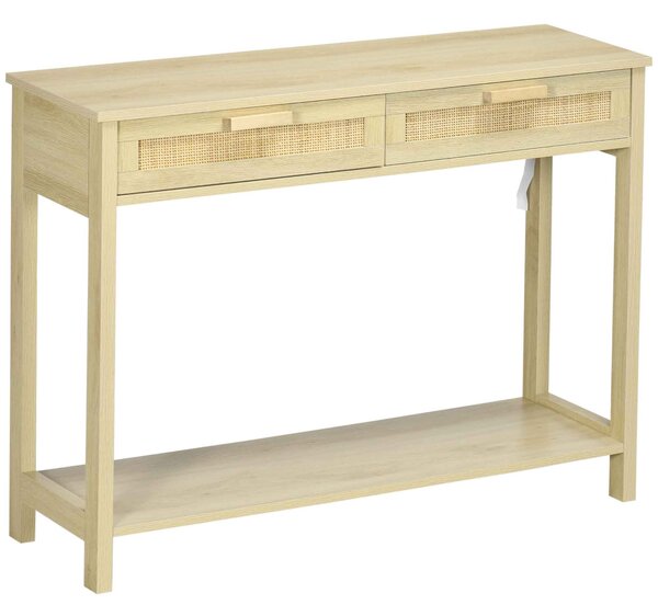 HOMCOM Konsolový stolek do předsíně se 2 zásuvkami Ratanová deska a spodní police pro chodbu, obývací pokoj a ložnici, rustikální styl 100x30x76 cm př
