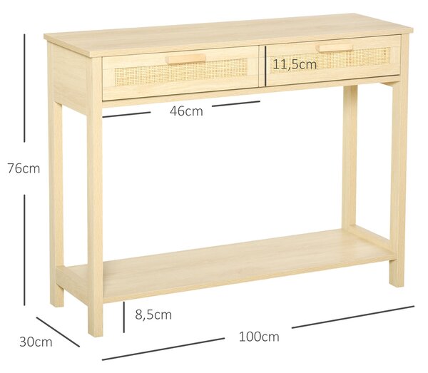 HOMCOM Konsolový stolek do předsíně se 2 zásuvkami Ratanová deska a spodní police pro chodbu, obývací pokoj a ložnici, rustikální styl 100x30x76 cm př