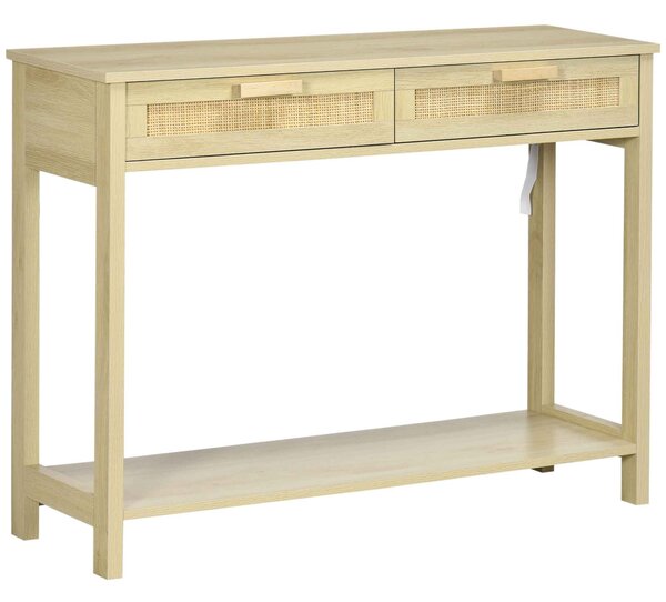 HOMCOM Konsolový stolek do předsíně se 2 zásuvkami Ratanová deska a spodní police pro chodbu, obývací pokoj a ložnici, rustikální styl 100x30x76 cm př