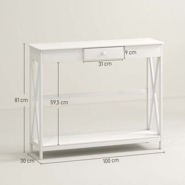 HOMCOM Dřevěný konzolový stůl do předsíně s 1 šuplíkem a 1 policí 100x30x81 cm Bílý | Aosom