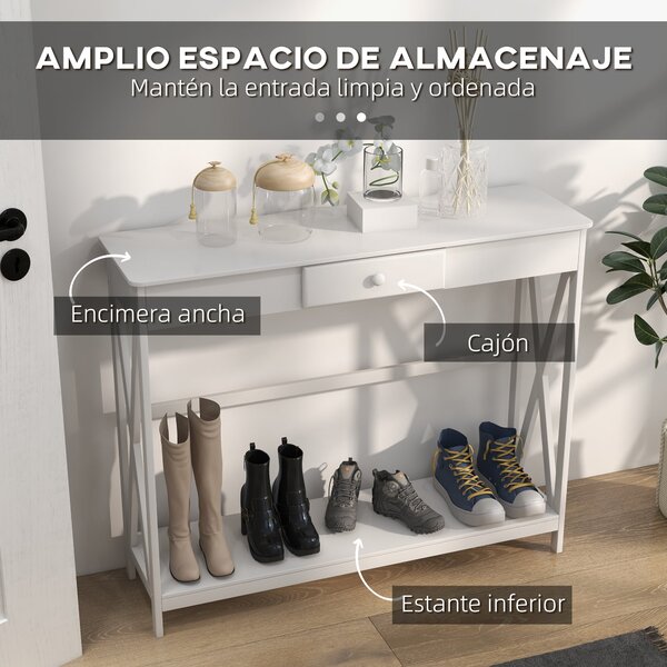 HOMCOM Dřevěný konzolový stůl do předsíně s 1 šuplíkem a 1 policí 100x30x81 cm Bílý | Aosom